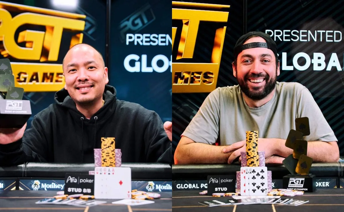 Chino Rheem and Justin Liberto start by grinding in the PGT Mixed Games