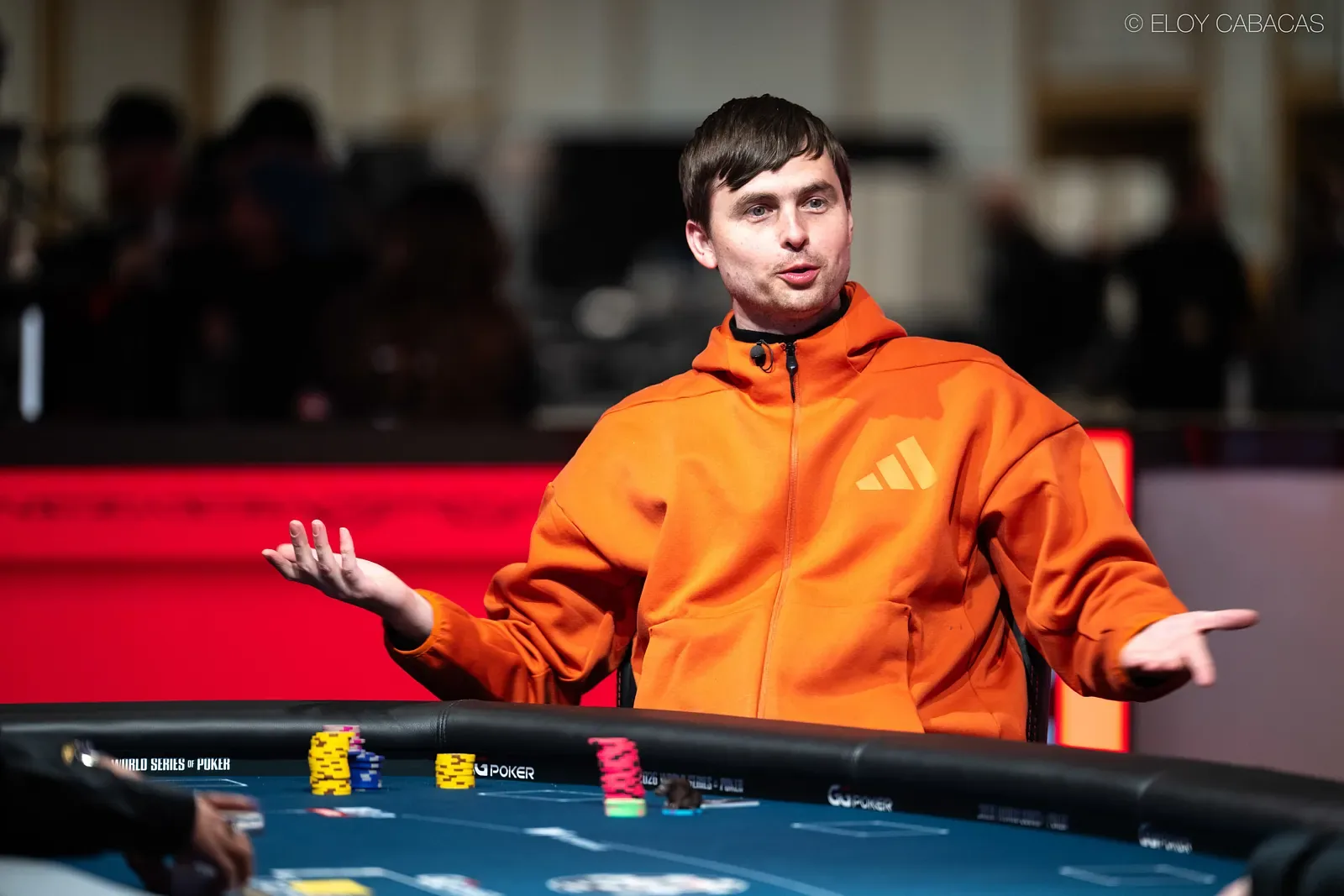 Martin Kabrhel doesn't realize he lost the pot and celebrates a hand at the WSOP